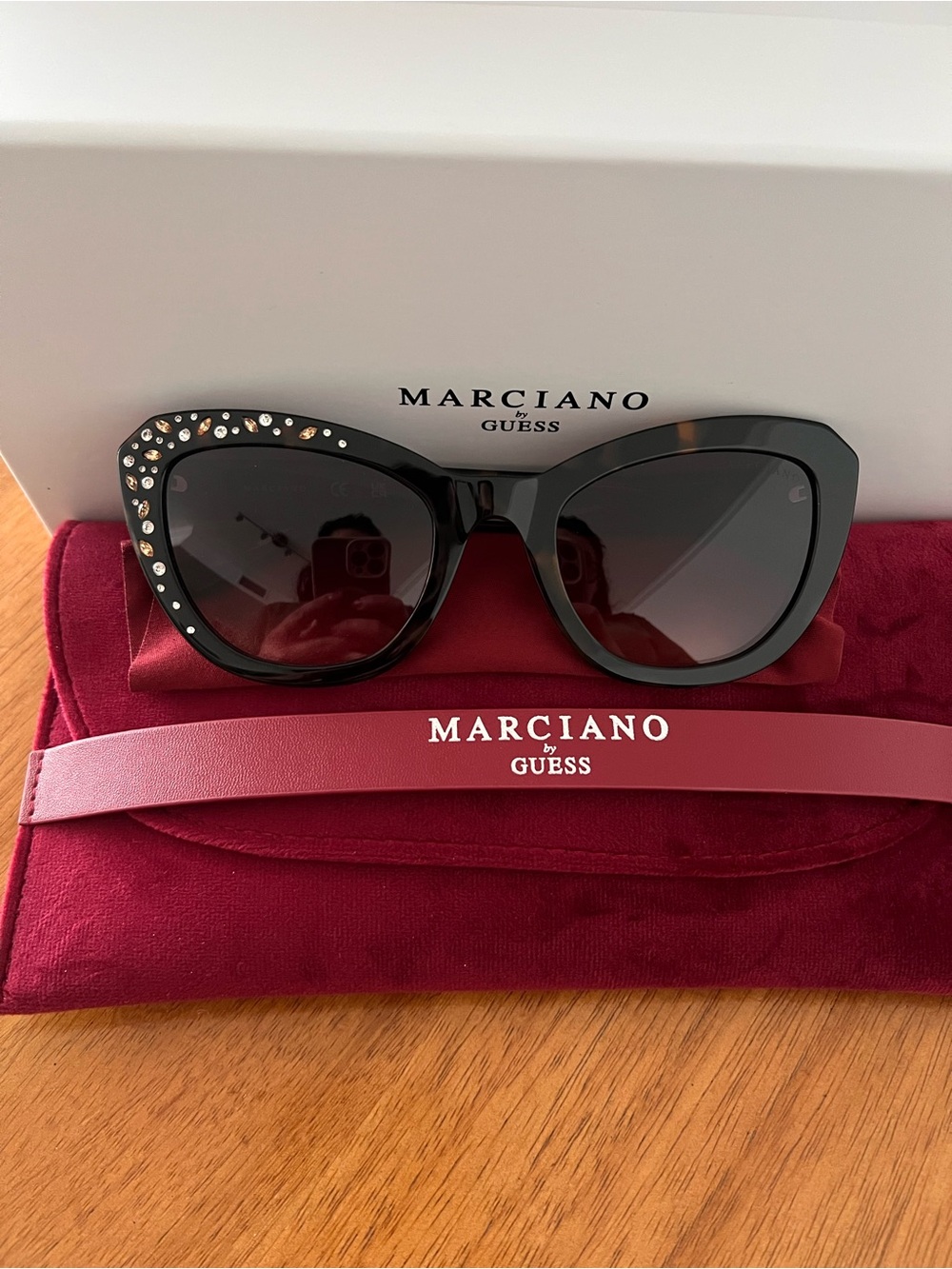Marciano Brown Cat-Eye Sunglasses with Crystal Accents